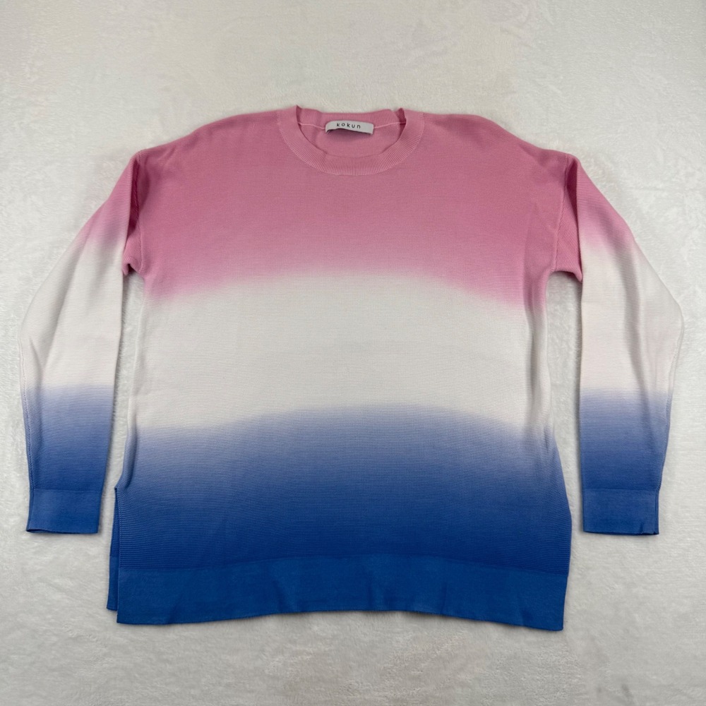 Kokun Womens XS Cotton‎ Ombre Dip Dye Crew Neck Pullover Sweater Pink White Blue